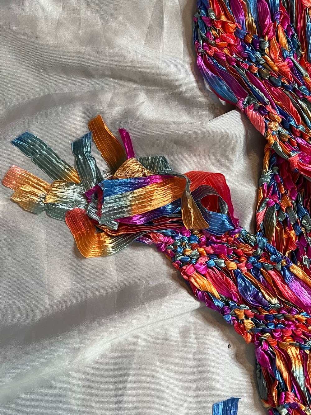 Boho Rainbow Trellis Scarf Necklace Multicolored Iridescent Ribbon Ladder Yarn